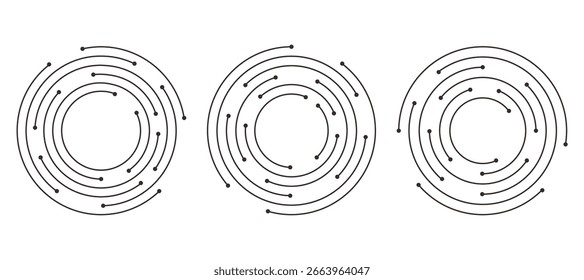 Circuit board circle line dots connection set. Motherboard electronic technology data, electrical board, cpu. Programming science, computer system elements