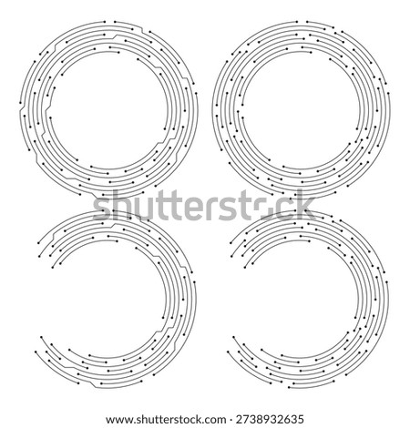 Circuit board circle line dots connection. Tech elements design. High-tech circuit board connection system. Geometric tech pattern. Vector illustration. Editable stroke.