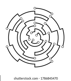 Marco circular de la tarjeta de circuitos. Anillo de conexión abstracto. Esquema de placa base futurista. Elemento de diseño de estructura de tecnología en blanco y negro. Diagrama de circuito de alta tecnología. Ilustración vectorial.