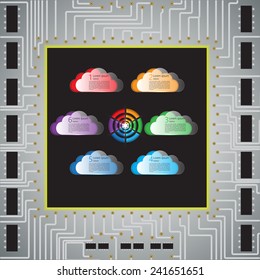 Circuit Board with Colorful Cloud & Circle Infographics,  Modern Template Design on Abstract Grey Background. Vector Illustration 