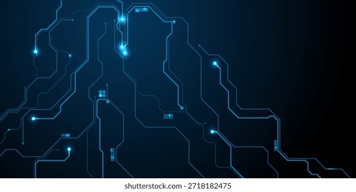 Circuit board components on a technology blue background. Horizontal web banner with empty place for text. AI chip on a futuristic chipset motherboard. Tech bg. Abstract digital vector illustration.