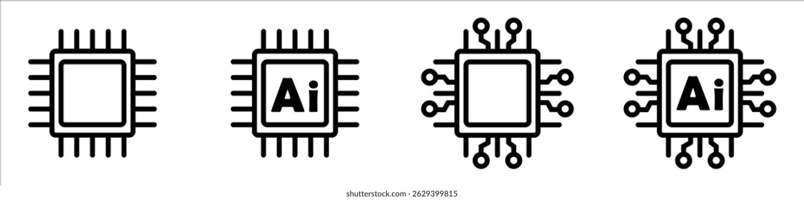 Circuit board of computer or Ai chip icon vector silhouette set	