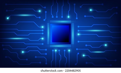 circuit board with computer chip on blue lighting background. technology and Hi tech element concept