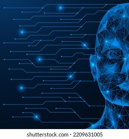 Circuit board is connected to a part of the artificial intelligence face. Polygonal design of lines and dots. Blue background.