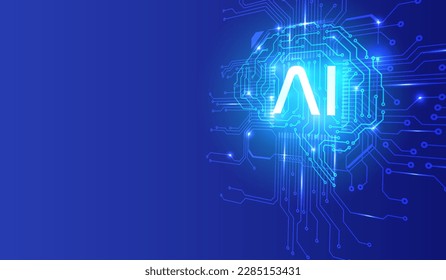 Circuit board CPU chip with AI smart brain big data processing futuristic technology. Artificial intelligence micro processor unit storage database vector concept background.