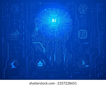Circuit board CPU chip with AI smart brain big data processing futuristic technology. Artificial intelligence micro processor unit storage database vector concept background.