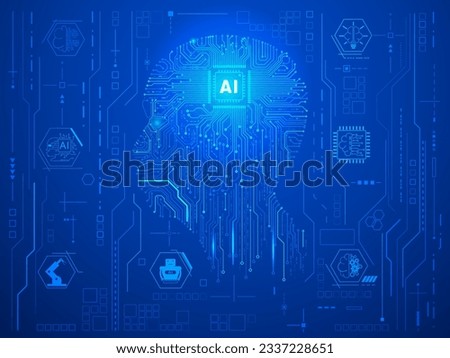 Circuit board CPU chip with AI smart brain big data processing futuristic technology. Artificial intelligence micro processor unit storage database vector concept background.