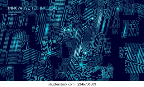 Circuit board cpu microchip abstract high hi tech electric background. Blue gradient motherboard computer technology vector illustration art