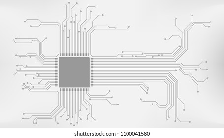 Circuit Board CPU Microprocessor Interface Connection Vector Background. Gray Abstract Line Connection Trace Pad Illustration.