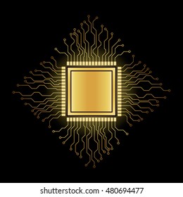 Circuit board. Cpu. Microprocessor. Microchip. Vector illustration on black background.