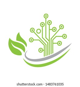 circuit board created abstract tree and green leaves, vector logo icon 