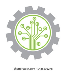 circuit board created tree and cogwheel, vector logo icon 