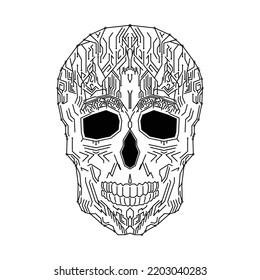Circuit board cyber skull line art style. Electronic component