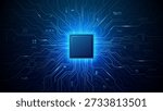 Circuit board design with AI chip at center glowing connections spreading across semiconductor surface forming intricate microchip patterns on white tech background. Digital blue technology background