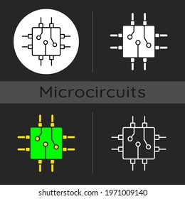 Circuit board design dark theme icon. Create plan how to place all microprocessors on circuit board connectors. Linear white, simple glyph and RGB color styles. Isolated vector illustrations