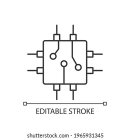 Circuit board design linear icon. Create plan how to place all microprocessors on circuit board. Thin line customizable illustration. Contour symbol. Vector isolated outline drawing. Editable stroke
