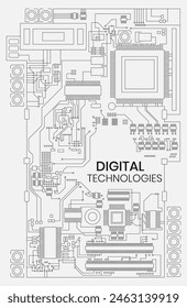 Diagrama de la placa de circuitos de un dispositivo digital. Ilustración vectorial. Boceto para la creatividad.