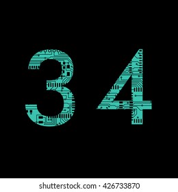 Circuit board digit 3 4 Vector Illustration