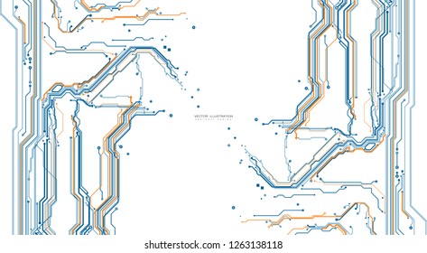 Circuit board digital chip  electronic technology computer hardware lines engineering processor flat horizontal vector illustration