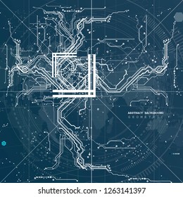 Circuit board digital chip  electronic technology scheme  computer hardware engineering processor flat blue world map background  vector illustration