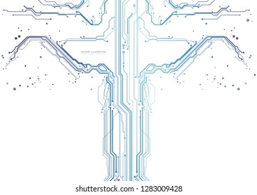 circuit board digital chipset electronic technology computer blue lines engineering processor flat copy space horizontal  vector illustration