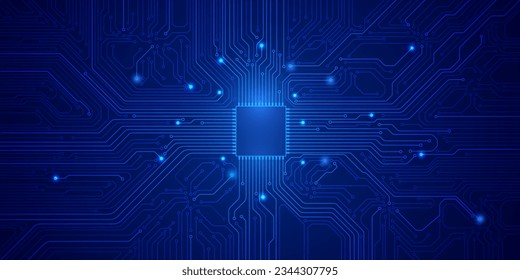 Circuit board digital CPU microprocessor data transferring technology futuristic. Blue scifi trace pattern scheme vector background.