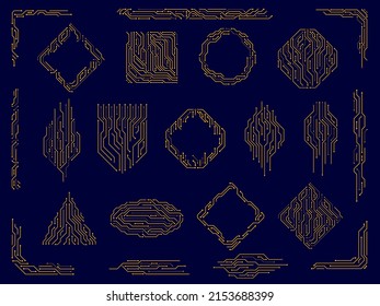 Circuit board. Digital technology dividers, energy line corners and tech frame borders vector set. Microchip electronic technology elements in shape of square, circle, triangle and oval