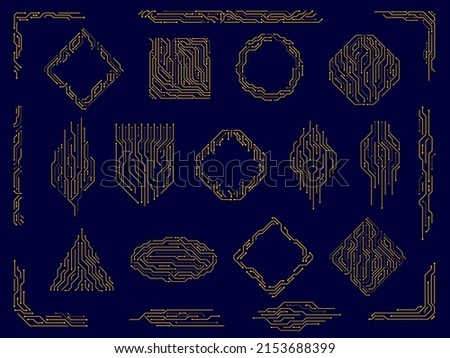 Circuit board. Digital technology dividers, energy line corners and tech frame borders vector set. Microchip electronic technology elements in shape of square, circle, triangle and oval