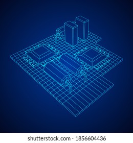 Circuit board. Electronic computer components motherboard. Semiconductor microchip, diode. Hardware parts. Wireframe low poly mesh vector illustration.
