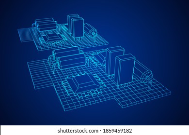 Circuit board. Electronic computer components motherboard. Semiconductor microchip, diode. Hardware parts. Wireframe low poly mesh vector illustration.