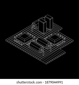 Circuit board. Electronic computer components motherboard. Semiconductor microchip, diode. Hardware parts. Wireframe low poly mesh vector illustration.