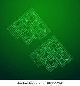Circuit board. Electronic computer components motherboard. Semiconductor microchip, diode. Hardware parts. Wireframe low poly mesh vector illustration.
