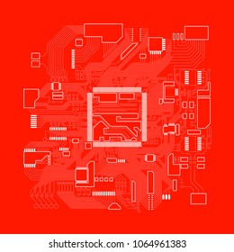 Circuit board. Electronic computer hardware processor technology. Motherboard digital chip. Tech science background. Integrated communication processor. Information engineering motherboard component