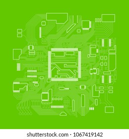 Circuit board. Electronic computer hardware processor technology. Motherboard digital chip. Tech science background. Integrated communication processor. Information engineering motherboard component