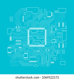 Circuit board. Electronic computer hardware processor technology. Motherboard digital chip. Tech science background. Integrated communication processor. Information engineering motherboard component