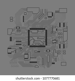 Circuit board. Electronic computer hardware processor technology. Motherboard digital chip. Tech science background. Integrated communication processor. Information engineering motherboard component
