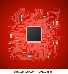Circuit board. Electronic computer hardware processor technology. Motherboard digital chip. Tech science background. Integrated communication processor. Information engineering motherboard component