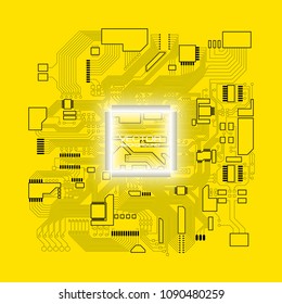 Circuit board. Electronic computer hardware processor technology. Motherboard digital chip. Tech science background. Integrated communication processor. Information engineering motherboard component