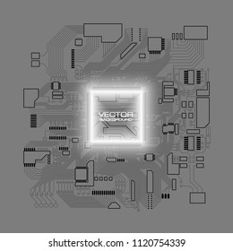 Circuit board. Electronic computer hardware processor technology. Motherboard digital chip. Tech science background. Integrated communication processor. Information engineering motherboard component