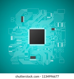 Circuit board. Electronic computer hardware processor technology. Motherboard digital chip. Tech science background. Integrated communication processor. Information engineering motherboard component