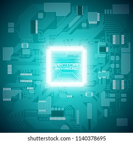 Circuit board. Electronic computer hardware processor technology. Motherboard digital chip. Tech science background. Integrated communication processor. Information engineering motherboard component