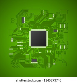 Circuit board. Electronic computer hardware processor technology. Motherboard digital chip. Tech science background. Integrated communication processor. Information engineering motherboard component