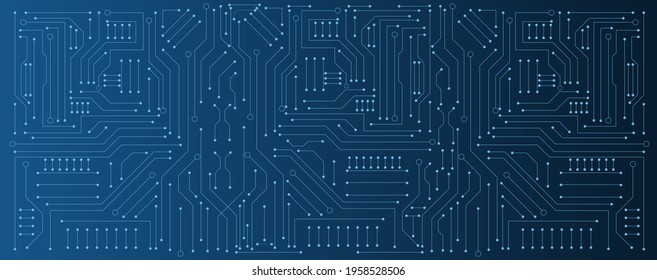 circuit board electronic or electrical line on blue engineering technology concept vector panorama background