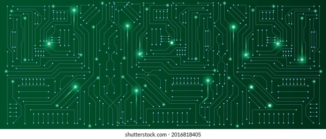 circuit board electronic or electrical line with glow light on green engineering technology concept vector panorama background