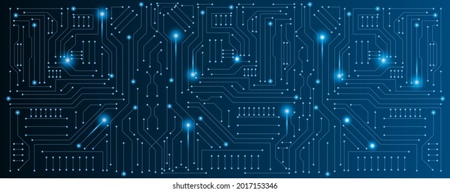 Schalttafel für elektronische oder elektrische Leitung mit glänzendem Licht auf blauem technologischem Hintergrund, Vektorpanorama-Hintergrund