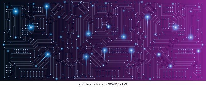 circuit board electronic or electrical line with glow light on blue and pink engineering technology concept vector panorama background