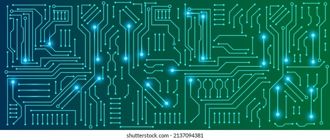 circuit board electronic or electrical line on blue and green engineering technology with glow light concept vector panorama background