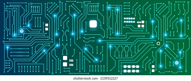 circuit board electronic or electrical line on blue and green engineering technology with glow light concept vector panorama background