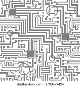 Circuit board electronic hi tech seamless pattern. Vector abstract computer chip grey background.