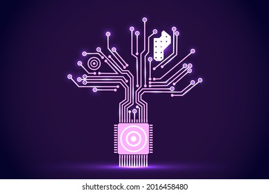 Circuit board electronic purple tree shape. Electronic vector elements for cyber design.